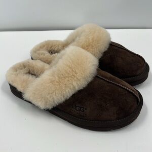 UGG Brown Suede Shearling Clog Mules with Cream Fur Trim